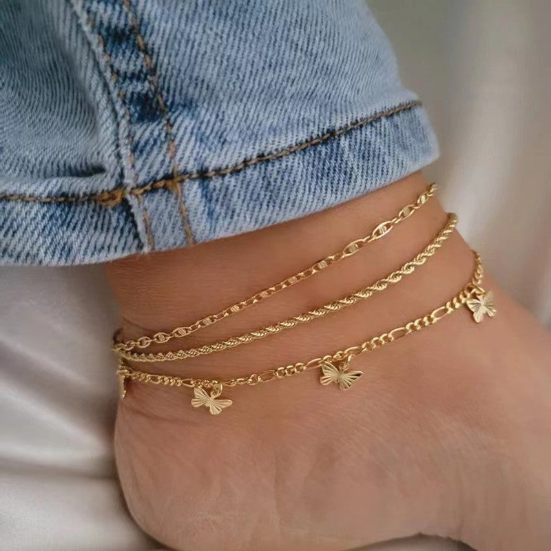 Butterfly anklet – 3-piece set in gold &amp; silver 