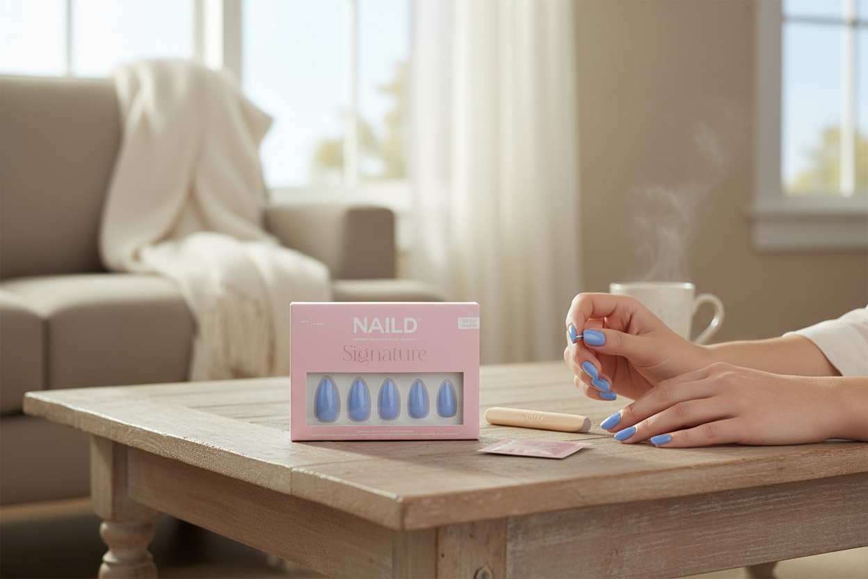 NAILD – Moonlight Almond Softgel Press-On Nails | Sanftes Pastellblau, elegant & modern
