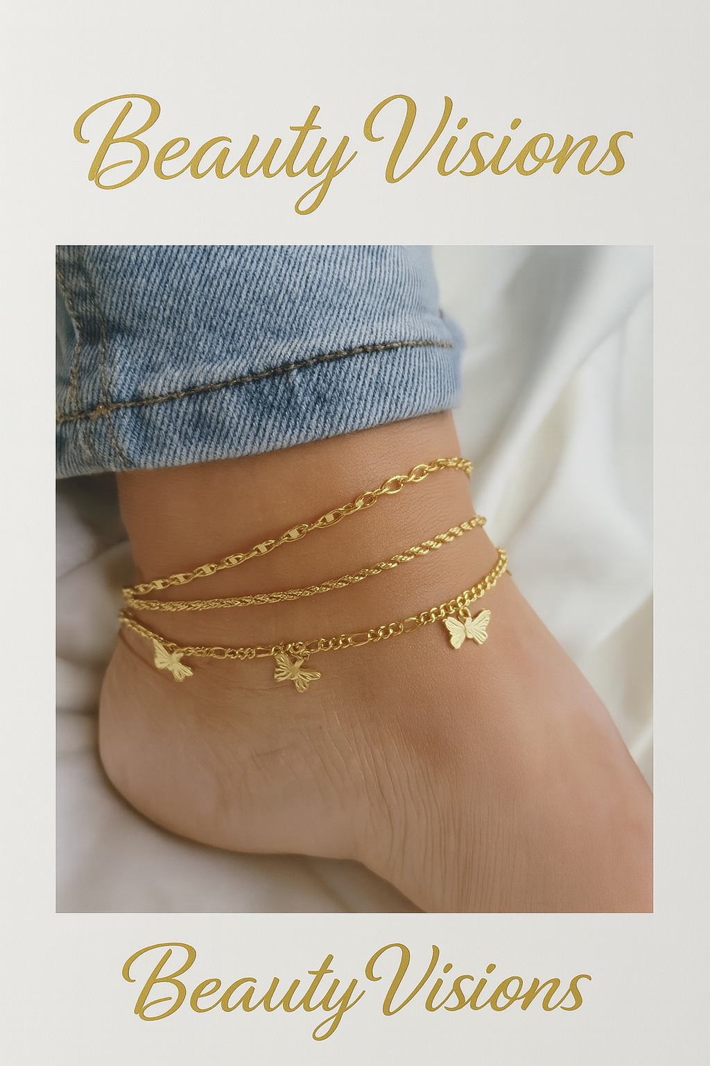 Butterfly anklet – 3-piece set in gold &amp; silver 