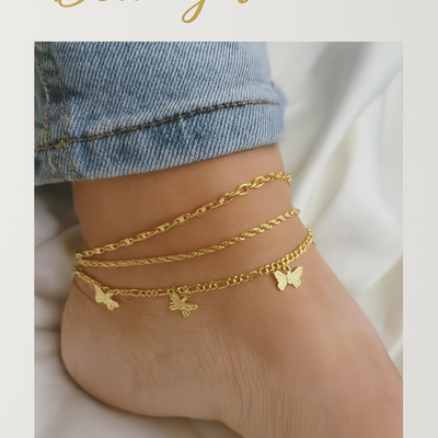 Butterfly anklet – 3-piece set in gold &amp; silver 