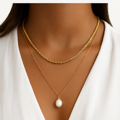 multi-layered necklace with rice grain beads and twist design 