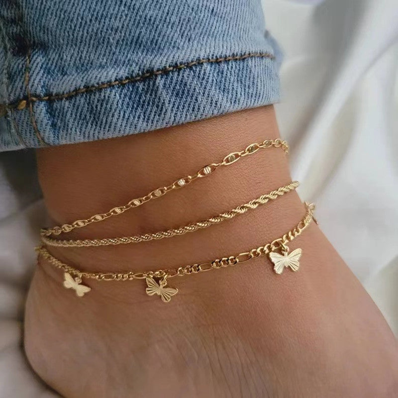 Butterfly anklet – 3-piece set in gold &amp; silver 